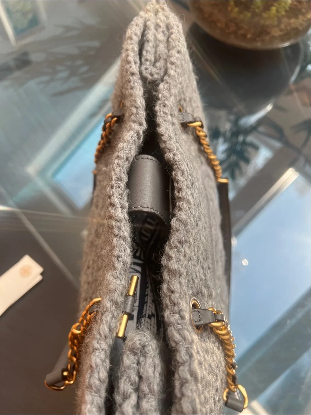Tory Burch Gray Textured Logo Tote with Gold Chain Straps
